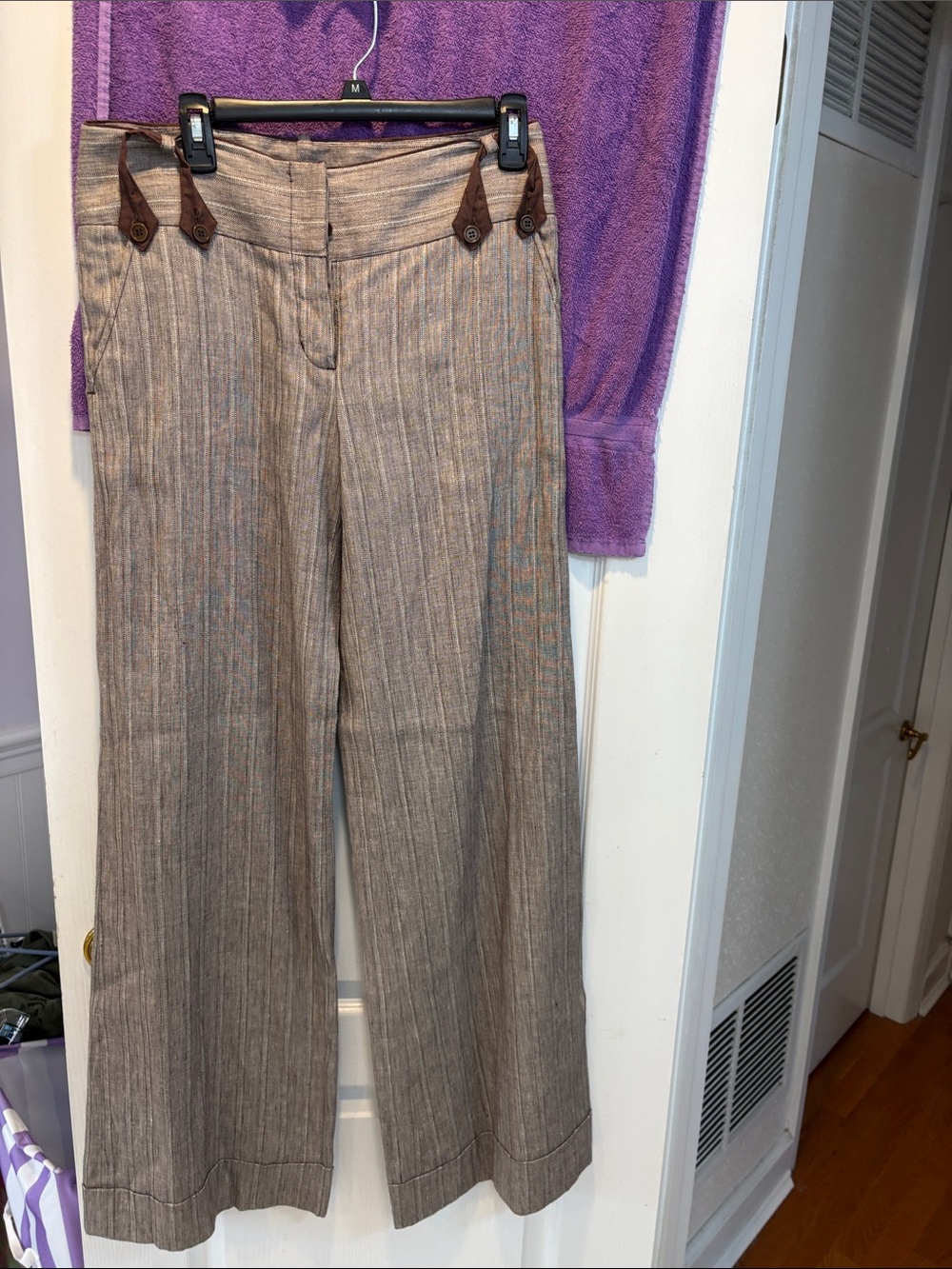 NWT BCBGMaxAzria Taupe Pinstripe Wide-Leg Trousers with Brown Tab Details